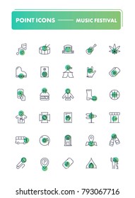 Set of 30 line icons. Music festival collection. Vector illustration with event elements. 