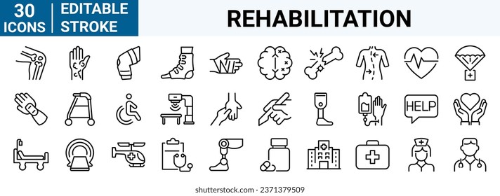 Set of 30 line icons Physiotherapy, rehabilitation, prosthetics. editable stroke Vector illustration