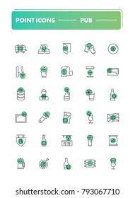 Set of 30 line icons. Pub collection. Vector illustration with beer and other alcohol and food element with english style.