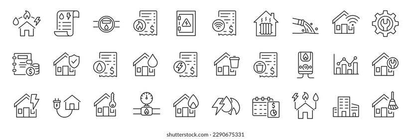 Set of 30 line icons related to public utilities. Gas, electricity, water, heating. Editable stroke. Vector illustration svg