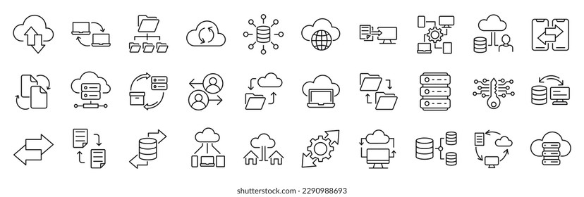 Conjunto de 30 iconos de línea relacionados con el intercambio de datos, tráfico, archivos, nube, servidor. Colección de iconos de esquema. Trazo editable. Ilustración del vector