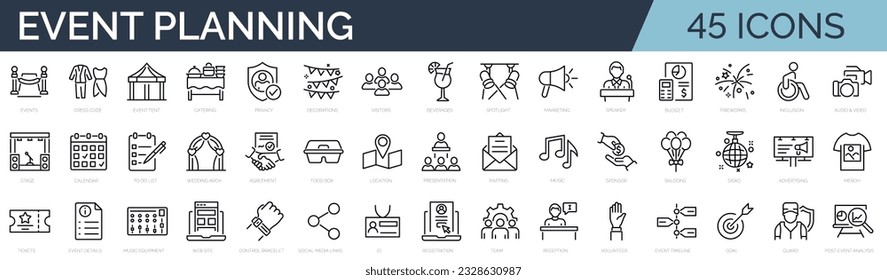 Set of 30 line icons related to event planning, organisation. Outline icon collection. Editable stroke. Vector illustration - Shutterstock ID 2328630987