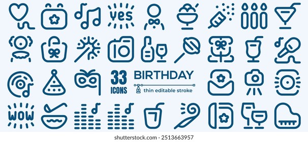 Set of 30 line icons related to event planning, organization. Outline icon collection. Editable stroke. Vector illustration