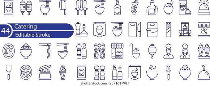  Set of 30 line icons related to Catering , organisation. Outline icon collection. Editable stroke. Vector illustration