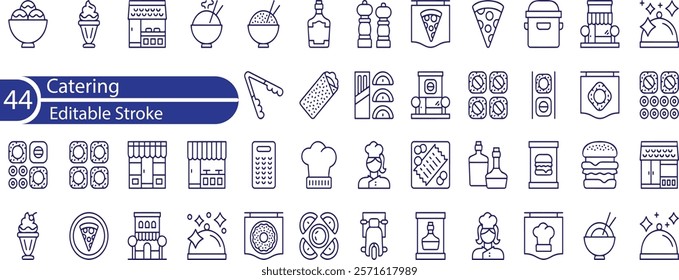  Set of 30 line icons related to Catering , organisation. Outline icon collection. Editable stroke. Vector illustration