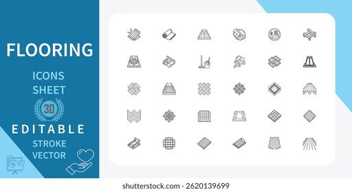 Set of 30 line icons related to flooring. Materials, tile, carpet, stone, floor and more. Outline vector icon in linear style. Editable stroke. Vector illustration.