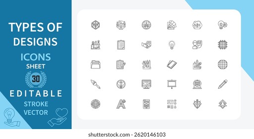 Set of 30 line icons related to design. Website, software, technology, digital, marketing, business and more. Outline vector icon in linear style. Editable stroke. Vector illustration.