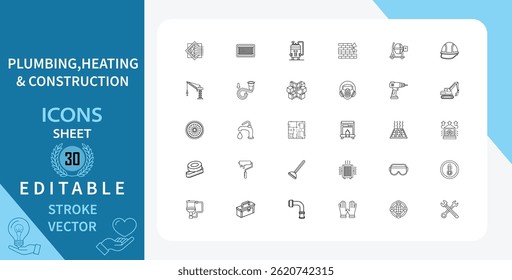 Set of 30 line icons related to plumbing, heating, ventilation, construction, renovation. Outline vector icon in linear style. Editable stroke. Vector illustration.