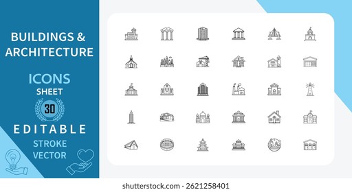 Set of 30 line icons related to building, architecture, structures. Church, school, hospital, factory and more. Outline vector icon in linear style. Editable stroke. Vector illustration.