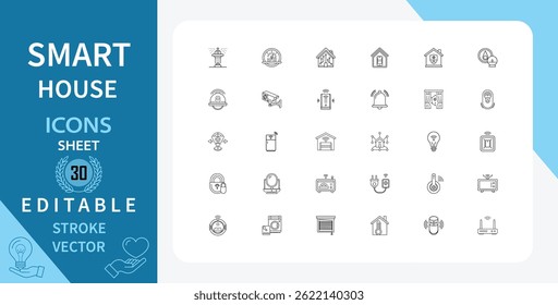 Set of 30 line icons related to smart home. Security, lighting, thermostat, energy, efficiency and more. Outline vector icon in linear style. Editable stroke. Vector illustration.