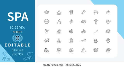 Set of 30 line icons related to spa. Skincare, aromatherapy, treatments and more. Outline vector icon in linear style. Editable stroke. Vector illustration.