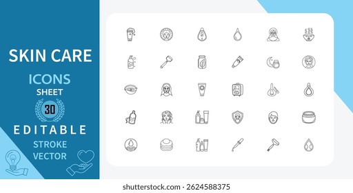 Set of 30 line icons related to skin care. Health, face, cream, wellness, spa and more. Outline vector icon in linear style. Editable stroke. Vector illustration.