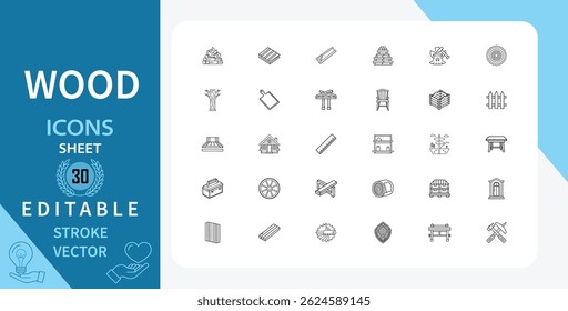 Set of 30 line icons related to wood. Furniture, construction elements, lumber and more. Outline vector icon in linear style. Editable stroke. Vector illustration.