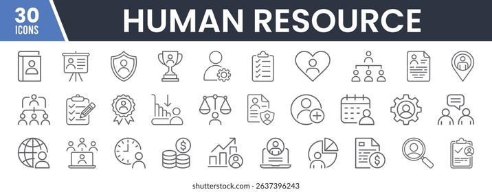 Set of 30 Line Icons Related to Human Resources, Employee Management, Organization, Recruitment, Hiring, Work Benefits, Leadership, Editable Stroke. Vector Illustration