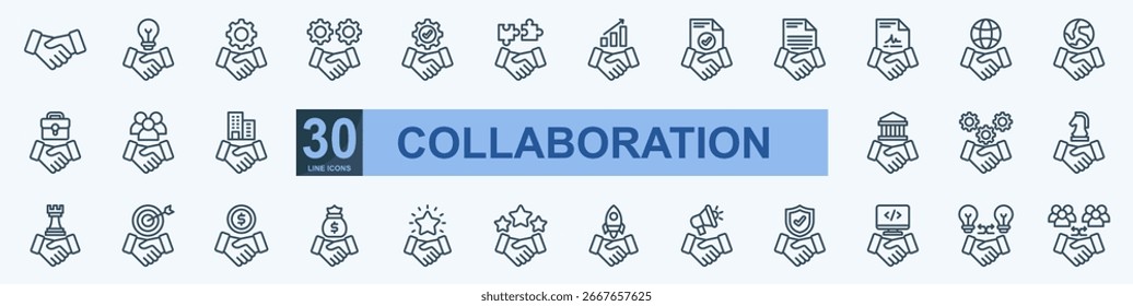 Set of 30 line icons representing collaboration, teamwork, and partnership concepts. Perfect for business, corporate strategy, project management, startup presentations. Simple vector illustration