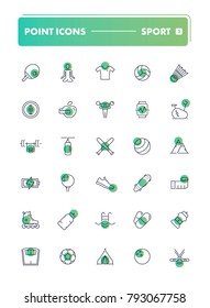 Set of 30 line icons. Sport and recreation collection. Vector illustration for activity life and gym, health. Team and single, extreme, water sports  
