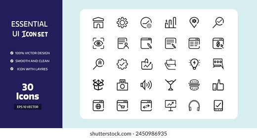 Set of 30 line icons Vector illustration of thin line icons for business،, social media, technology, education, shopping. ui icon set Linear symbols set. with Blue and White Background.