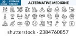 set of 30 line web icons alternative medicine. Vitamin therapy, anti-aging, wellness, Ayurveda, Chinese medicine. Holistic Center. Editable stroke.