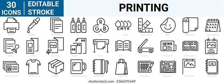 set of 30 line web icons Printing and polygraphy elements. Editable stroke. vector illustration.