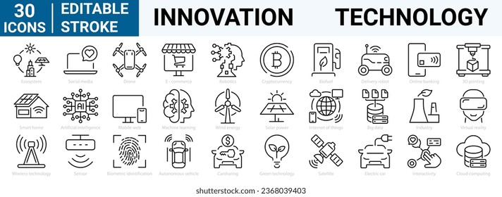 conjunto de iconos web de 30 líneas Innovación y tecnología. Negocios de futuro inteligente, inteligencia artificial (IA), aprendizaje de máquinas (ML), Internet de cosas (IoT), computación en nube. Trazo editable.