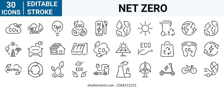 conjunto de iconos web de 30 líneas . Cero neto. Energía verde, CO2 neutro, emisiones de gases, clima, ecología. Trazo editable.
