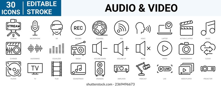 set of 30 line web icons audio and video. Multimedia video player. Media Collection of Outline Icons. Vector illustration.