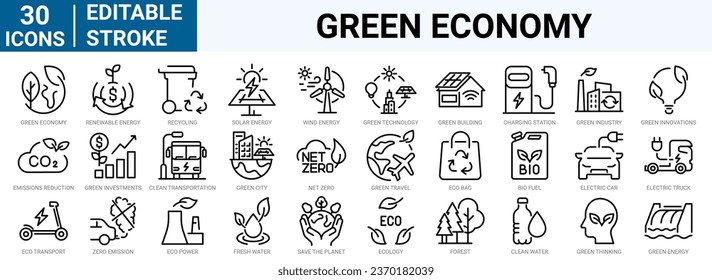 conjunto de iconos web de 30 líneas Economía verde. crecimiento financiero, ciudad verde, cero desperdicio, consumo global. ecología. energía solar. Trazo editable.