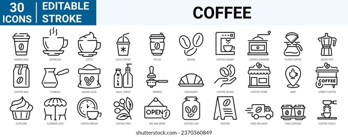 set of 30 line web icons coffee. Icoffee maker machine, beans, Espresso cup. Collection of Outline Icons. Vector illustration.