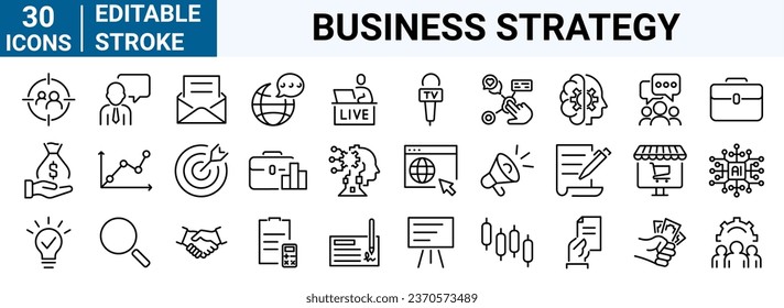 set of 30 line web icons Business strategy. Business Management. Vision, Mission, Values, Human Resource. Editable stroke.