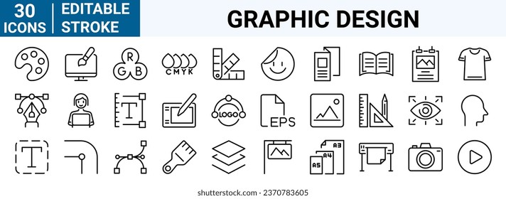 Satz von 30 Zeilen Web-Symbole Grafikdesign. Entwicklung. kreativer Prozess. Bearbeitbarer Strich. Vektorgrafik