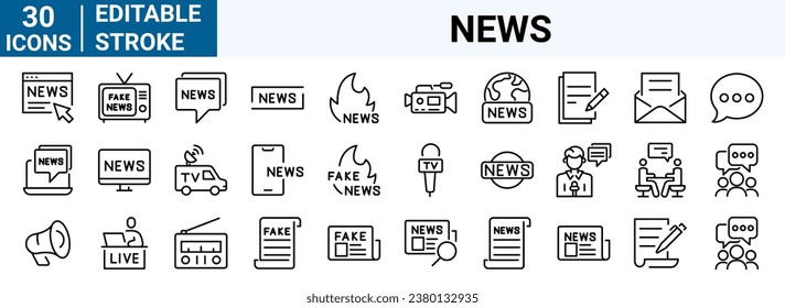 set of 30 line web icons. Fake News. Wrong Information, live, Propaganda, Inappropriate Content. Editable Stroke. Collection of Outline Icons. Vector illustration.