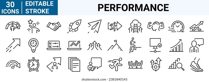 conjunto de iconos web de 30 líneas Rendimiento. Velocidad, mejoras, gráficos, impulso, potencia, trazo editable. Ilustración vectorial.