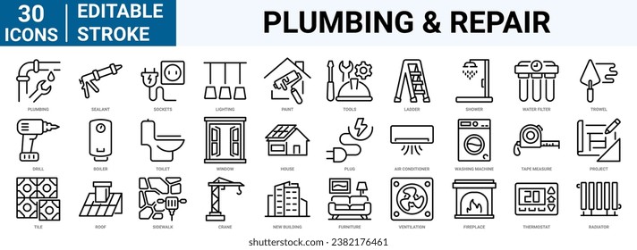 set of 30 line web icons plumbing, heating, ventilation, construction, renovation. Editable stroke. Vector illustration