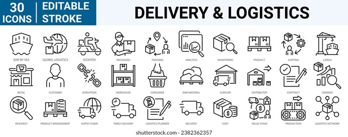 set of 30 line web icons related delivery and logistics. Supply chain, value chain, manufacturing, commerce . Editable stroke.
