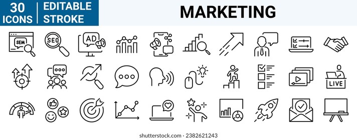 conjunto de iconos web de 30 líneas Marketing digital. Seo. Conteniendo negocios y marketing, tráfico, clasificación, optimización. Trazo editable.