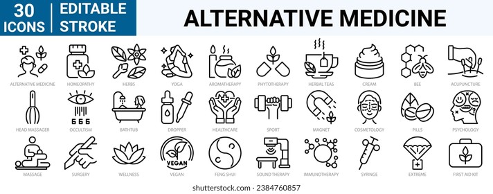 set of 30 line web icons alternative medicine. Vitamin therapy, anti-aging, wellness, Ayurveda, Chinese medicine. Holistic Center. Editable stroke.