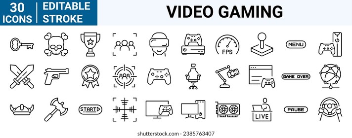 conjunto de iconos web de 30 líneas Videojuegos. Géneros y atributos de juego. Esport. juegos en línea. Trazo editable.