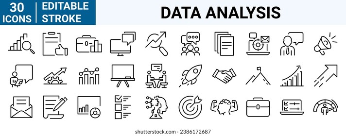 set of 30 line web icons Data Analysis. Big data, Processing, Productivity vector illustration. Editable stroke.