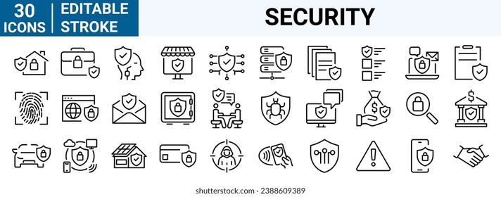 conjunto de iconos web de 30 líneas Seguridad. ciberseguridad, contraseña, hogar inteligente, seguridad, protección de datos, clave, escudo, bloqueo, desbloqueo, acceso a los ojos. Trazo editable.