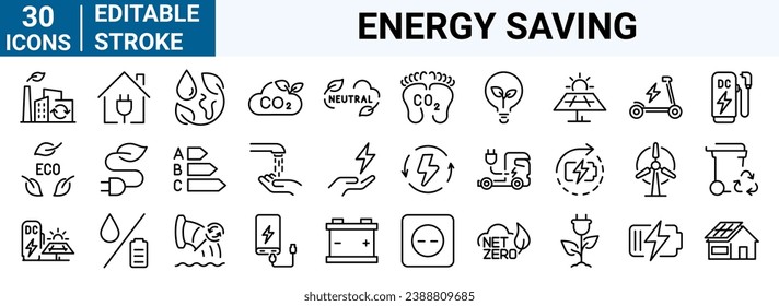 set of 30 line web icons Energy saving and efficiency. Green energy. renewable energy. ecology. Editable stroke.