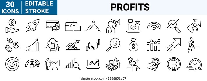 conjunto de iconos web de 30 líneas Inversión, Ganancias, Oso, Toro, Bolsa, Beneficios, Negociación, Crecimiento, Recaudación. Trazo editable.