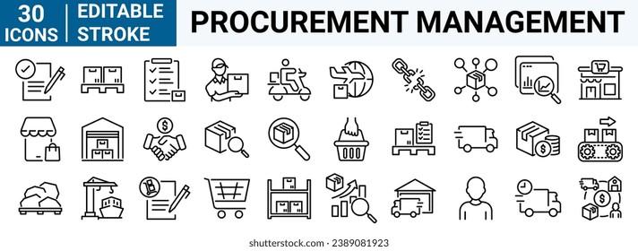 set of 30 line web icons related delivery and logistics. Supply chain, value chain, Procurement management, commerce . Editable stroke.