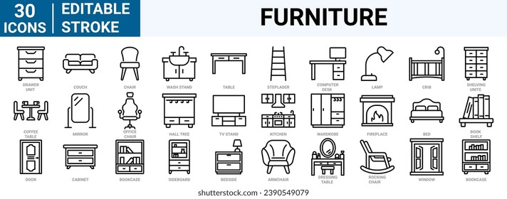 set of 30 line web icons Furniture. Home interior. Balcony, house terrace and garden deckchair Editable stroke.