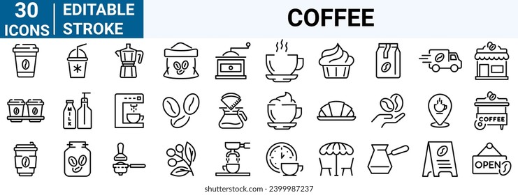 set of 30 line web icons coffee. Icoffee maker machine, beans, Espresso cup. Collection of Outline Icons. Vector illustration.