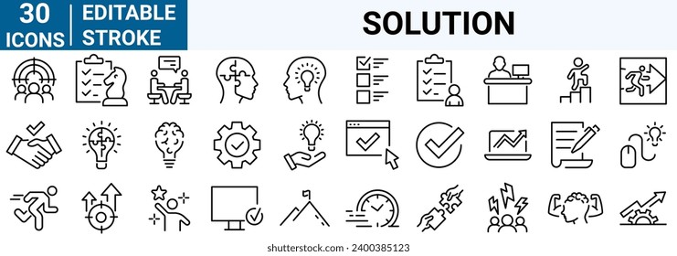 set of 30 line web icons Solution. Options, alternative, success, result, resolve, team. Editable stroke.