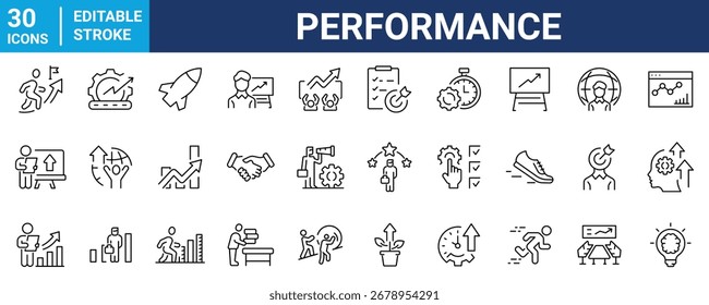 conjunto de 30 iconos web de línea Rendimiento. Velocidad, mejoras, gráficos, impulso, potencia, carrera editable. Ilustración vectorial.