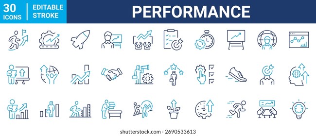 conjunto de 30 iconos web de línea Rendimiento. Velocidad, mejoras, gráficos, impulso, potencia, carrera editable. Ilustración vectorial.