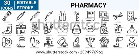 set of 30 line web icons Pharmacy. Medicine, bandage, medication, prescription, treatment, health and syringe symbol.