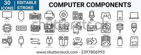 set of 30 line web icons computer components. PC, such as RAM memory, hdd, ssd cpu processor. Keyboard mouse headphone speakers, laptop monitor server. Webcam, printer. Editable stroke.