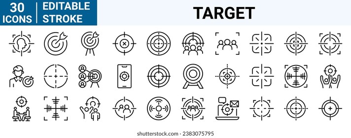 set of 30 line web Target icons. Precision. Bullseye, Focus, Crosshair, Reticle, Viewfinder. Precision Reticle Set. Editable stroke.